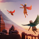 Children of the Light fly toward a mountain in Sky: Children of the Light, a free game on Switch.
